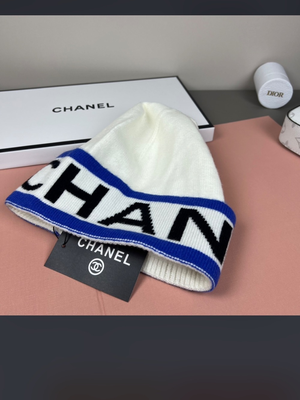 Double C Designer Spell Out Beanie Blue Black Cap Hat